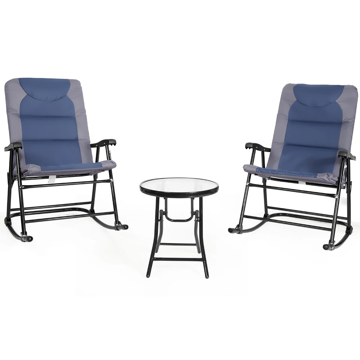 Costway 3PCS Folding Bistro Set Rocking Chair Cushioned Table Garden Blue