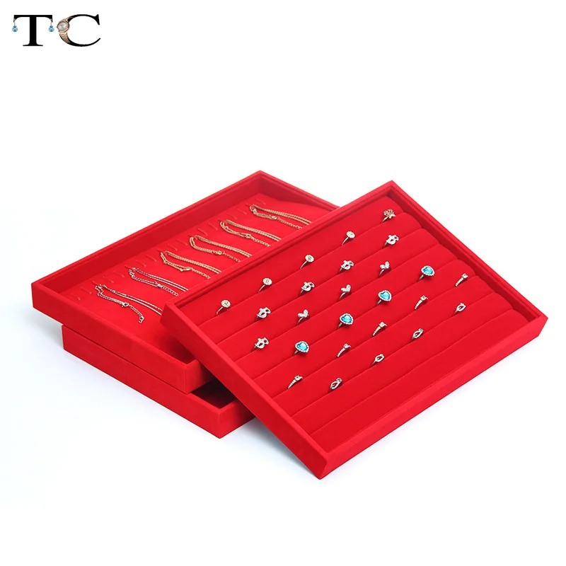 Red Velvet Jewelry Display Tray Necklace Pendant Ring Storage Box Earrings Trinkets Jewelry Props Tray 35x24x3cm