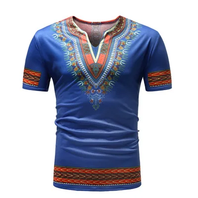 African DashikiT-shirts White Blue Ethnic Style Printed Blended Slim Fit Casual Short-Sleeved V-neck Man Tops Tees Clothing