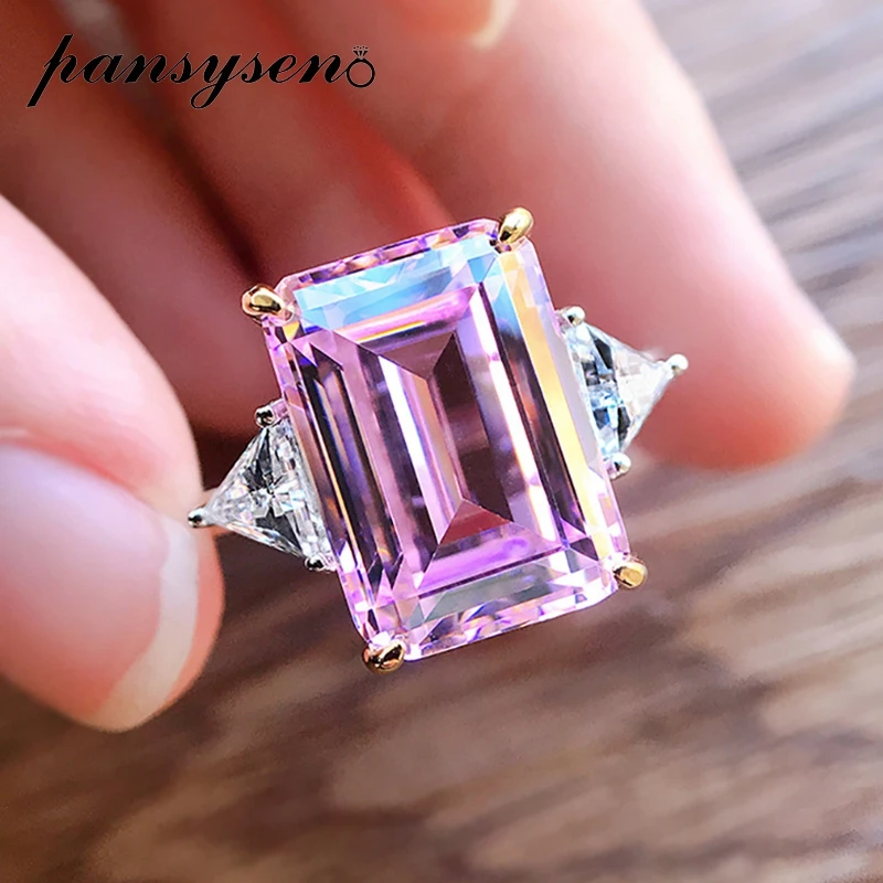 PANSYSEN 100% 925 Sterling Silver 10*14mm Emerald Cut Citrine Sapphire High Carbon Diamond Rings for Women Wedding Fine Jewelry