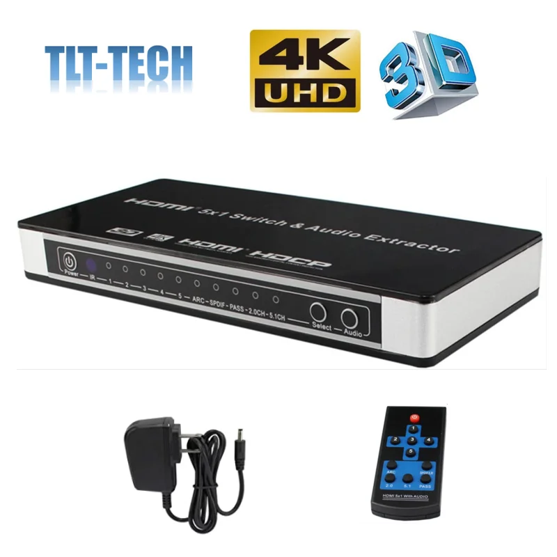 True 4K HDMI-compatible Switcher 5X1 with audio selector switch with remote HDMI 5 in 1 out 1.4V for PS4,HDTV,DVD,STB etc.