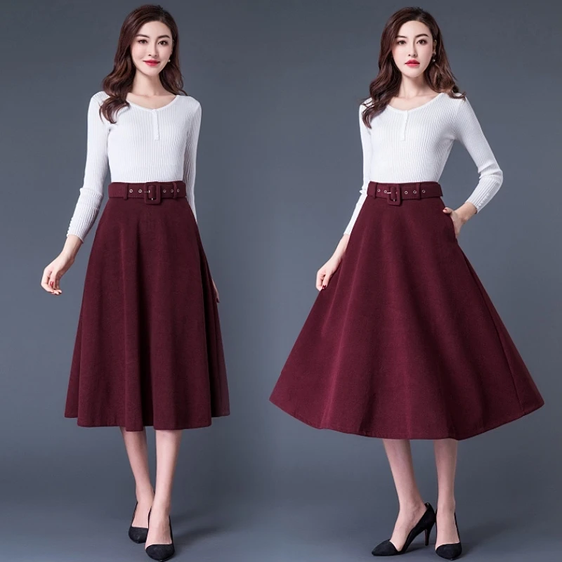 Elegant High Waist Long Skirts For Women Autumn Winter Woolen Velvet Skirt With Belt Loose A-line Maxi Ladies Skirt Khaki Red