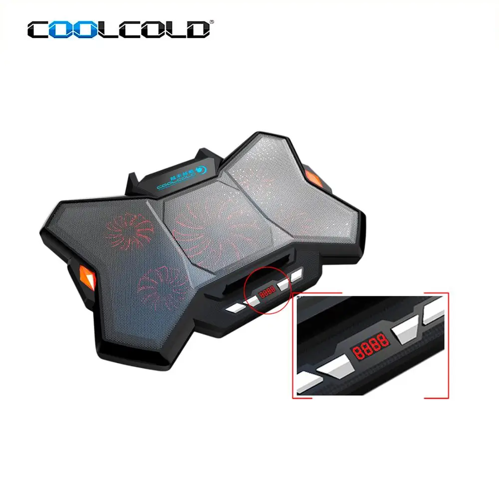 Coolcold new arrival notebook cooler pad led light gaming notebook cooler stand com 5 ventiladores e 2 usb para 17 polegadas