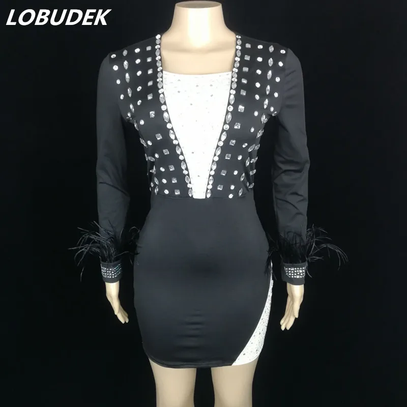 

Women Sexy Black Rhinestones Feather Sleeve Short Dress Fashion Bar Nightclub Singer Stage Performance Costume