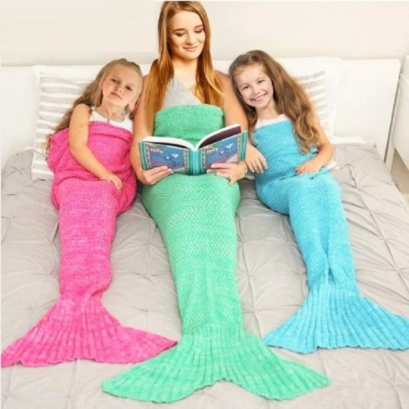 

CAMMITEVER Mermaid Blanket Handmade Knitted Sleeping Wrap TV Sofa Mermaid Tail Blanket Kids Adult Baby Crocheted Bag Bedding