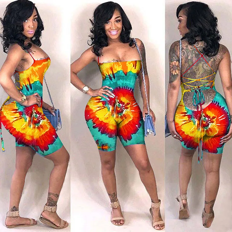 Rainbow Tie Dye Print Bodycon Rompers Womens Jumpsuit Shorts Sexy Strapless Backless Bandage Playsuit Summer Beach Body Bodysuit