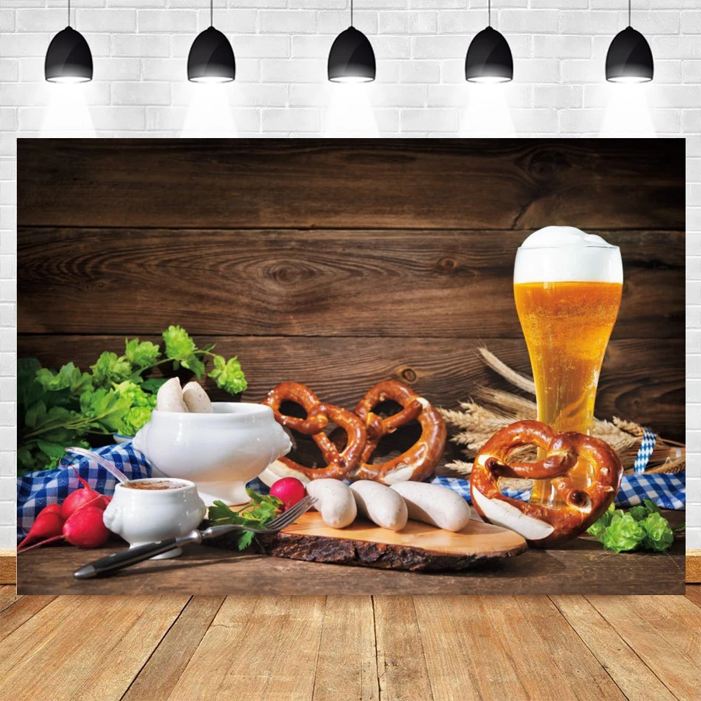 Oktoberfest Beer Bread Wood Board Wheat Wine Jar Background Photography Backdrop Vinyl Photographic Carnival Decor Photo Studio