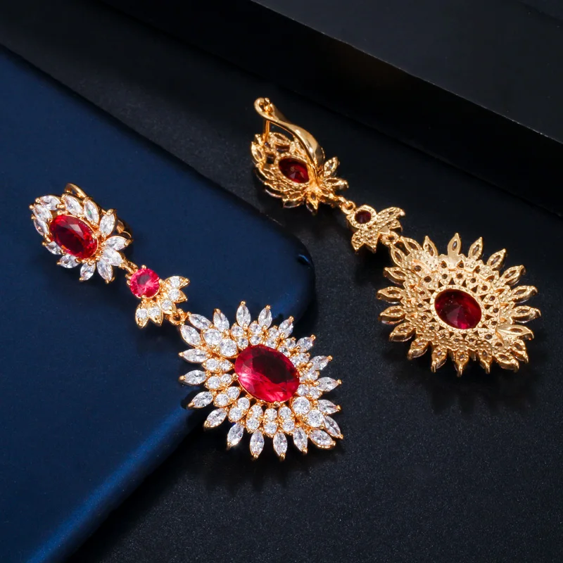 CWWZircons Yellow Gold Color Indian Red CZ Crystal Vintage Ethnic Bridal Long Big Wedding Earrings Jewelry for Women CZ301