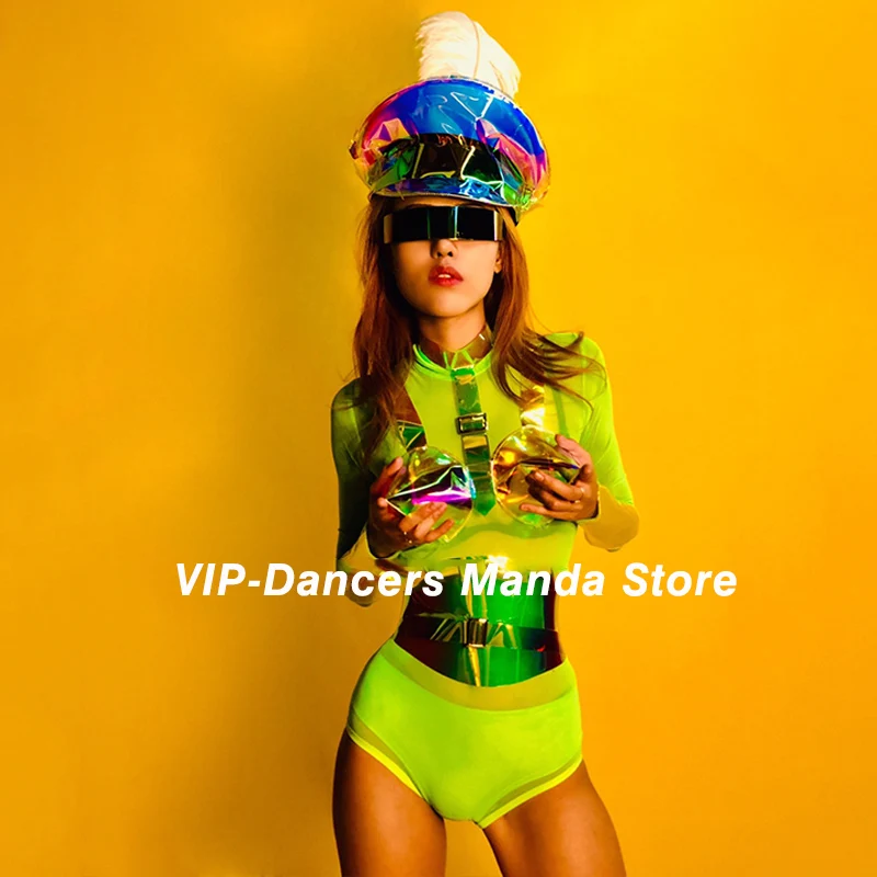 Fluorescent Green Bodysuit Feather Hat Laser Pointed Chest Gogo Dance Wear Nightclub Rave Outfit Singer Stage Costume VDB3199