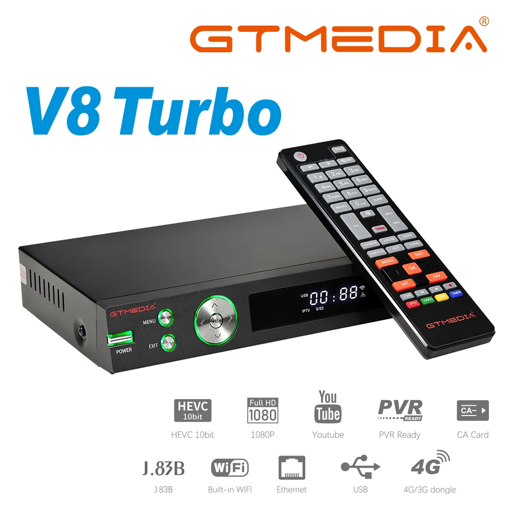 GTMEDIA V8 Turbo Satellite TV Receiver, 1080P Full HD DVB-S2 T2 Cable Turner H.265 Bulti-In WIFI Youtube Set Top Box Decoder