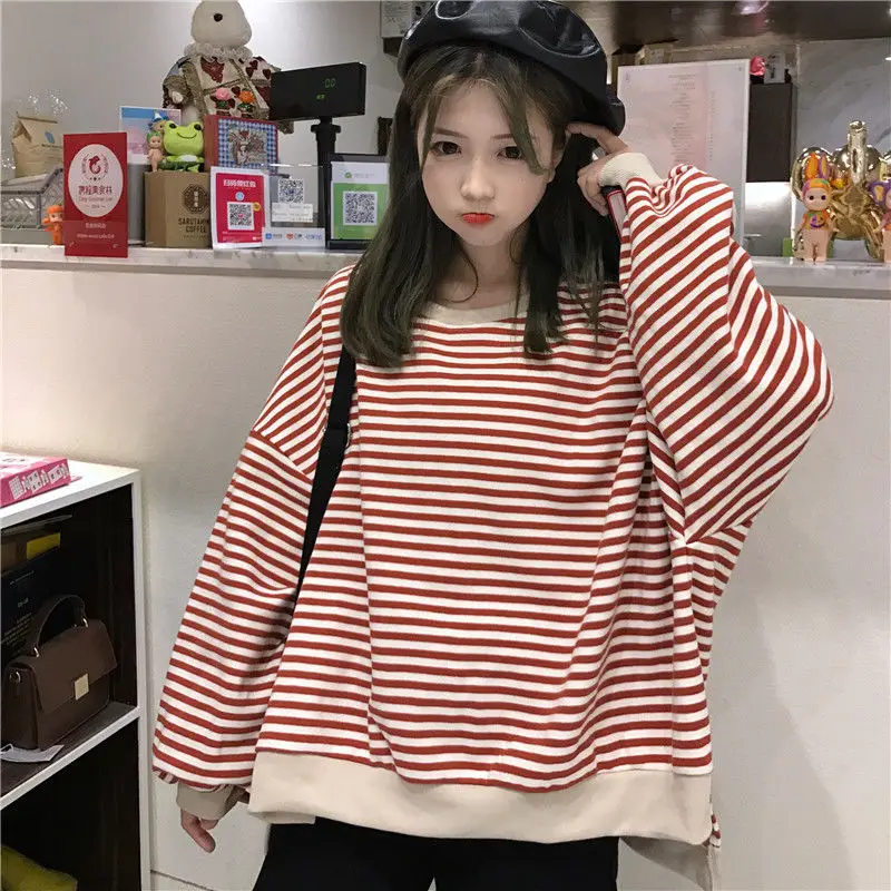 No Hat Hoodies Women Striped Spring Thin Casual Loose Womens Sweatshirt Korean Style Simple Fashion Preppy-style Student Ulzzang