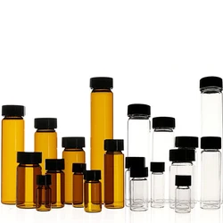 20pcs/lot 3ml 5ml 10ml 15ml 20ml 30ml 40ml 50ml (Clear/ brown) Glass Seal Bottle Reagent Sample Vials With Plastic Lid Screw Cap