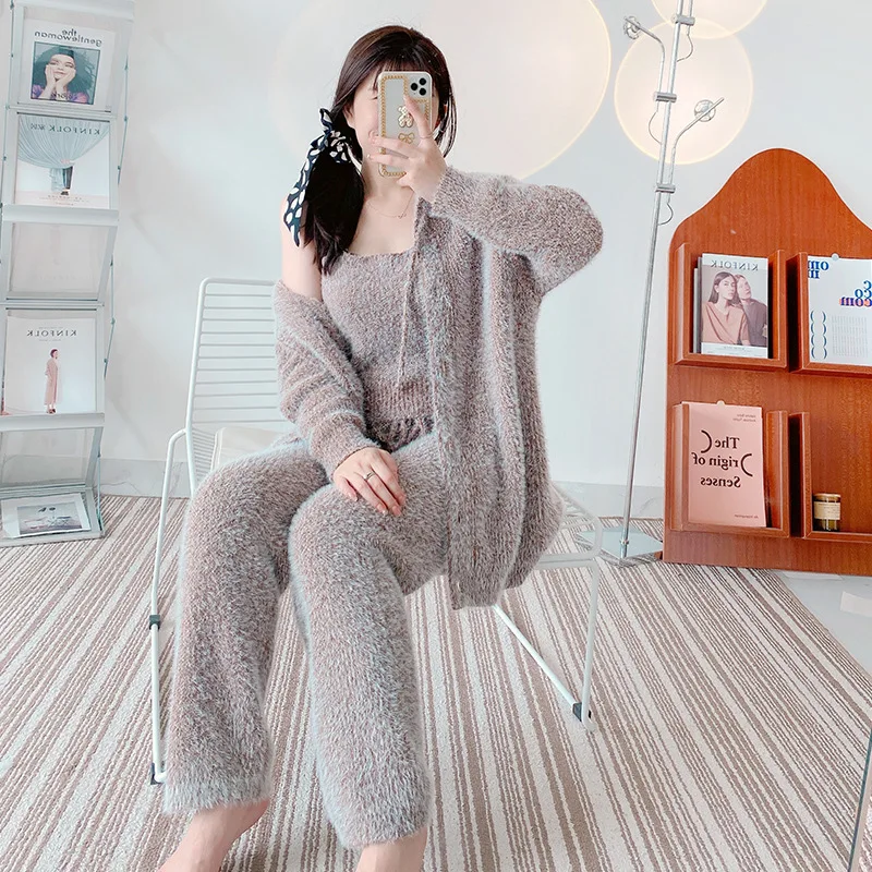 Hooded Cardigan Pajamas 3-Piece Set Soft Imitation Mink Velvet Sleepwear Warm Winter Pijama Thicken Women\'s Home Clothes Pyjamas