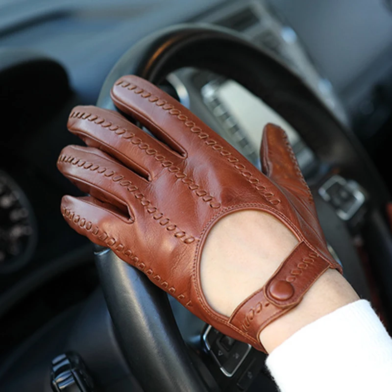 Sheepskin Leather Driving Mittens for Men, Motorcycle Locomotive, Half Finger, Male Car Gloves, Outdoor Fashion, S2602