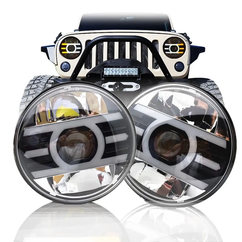 2pcs 7 Inch LED Headlight H4 Hi Low With Turn Signal Angel Eyes For Lada 4x4 urban Niva Jeep JK TJ Defender Hummer Accessories