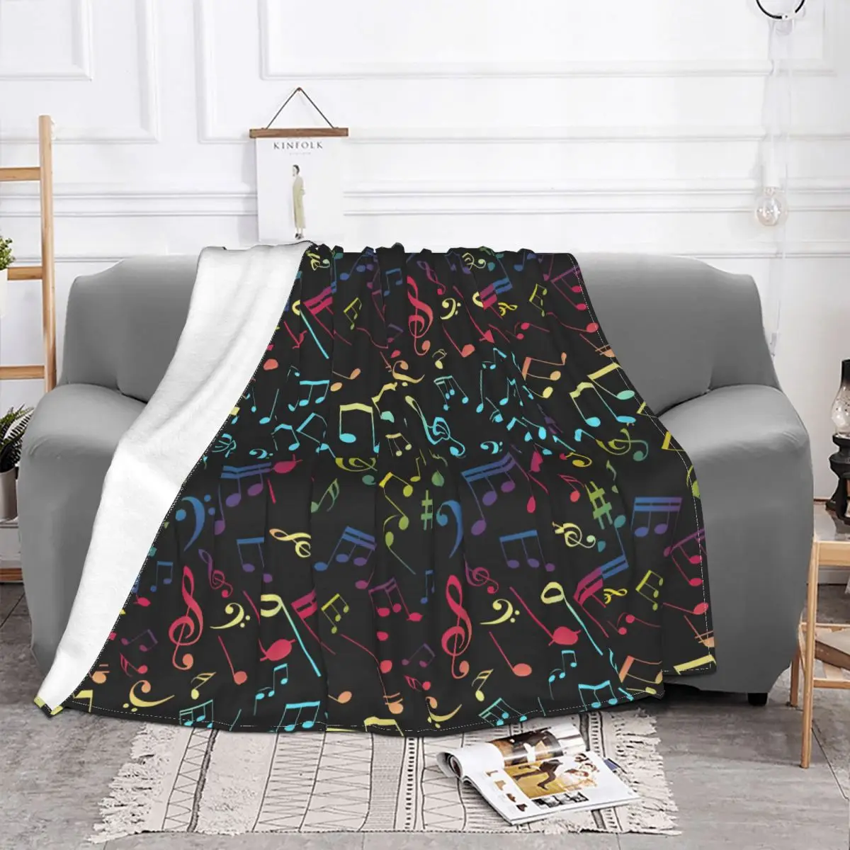 Musical Notes Pattern Blankets Fleece Decoration Ultra-Soft Throw Blankets for Bedding Bedroom Plush Thin Quilt