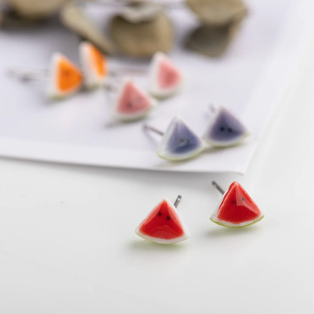 Quarter watermelon cute cartoon fruit Ceramic Earrings Fashion Gift Ear Studs Jewelry Wholesale For Women Girl #LY536