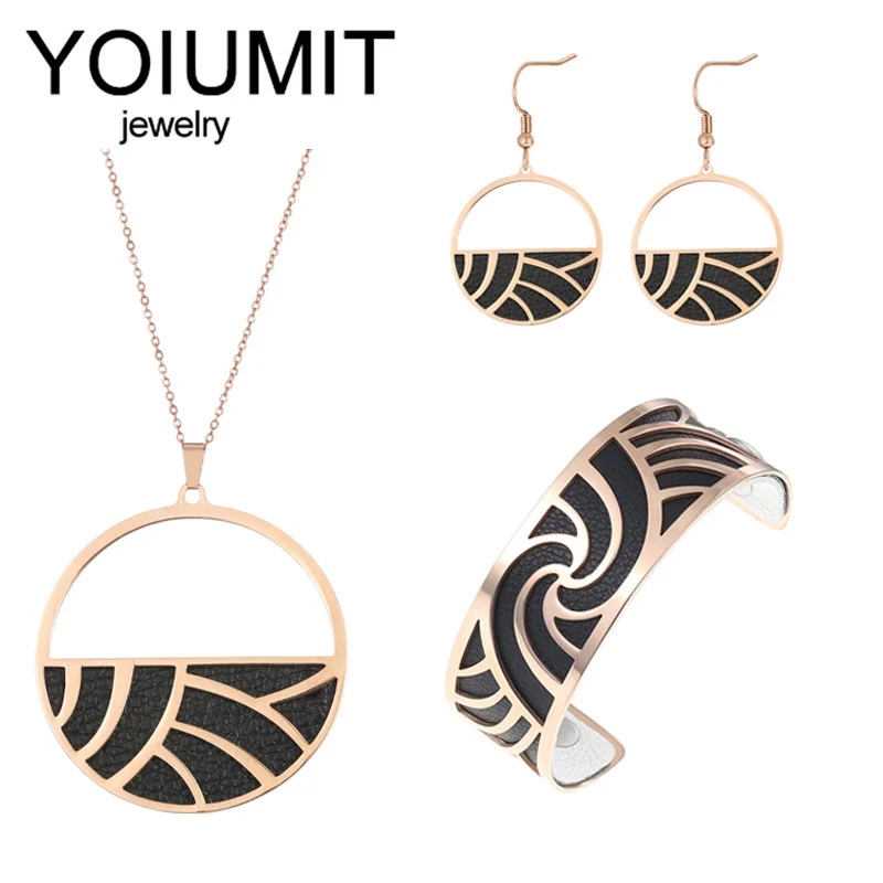 Yoiumit Cuff Interchangeable Leather Rose Gold Jewelry Set Women's Gothic Stainless Steel Necklace And Bracelet Earrings Set Wom