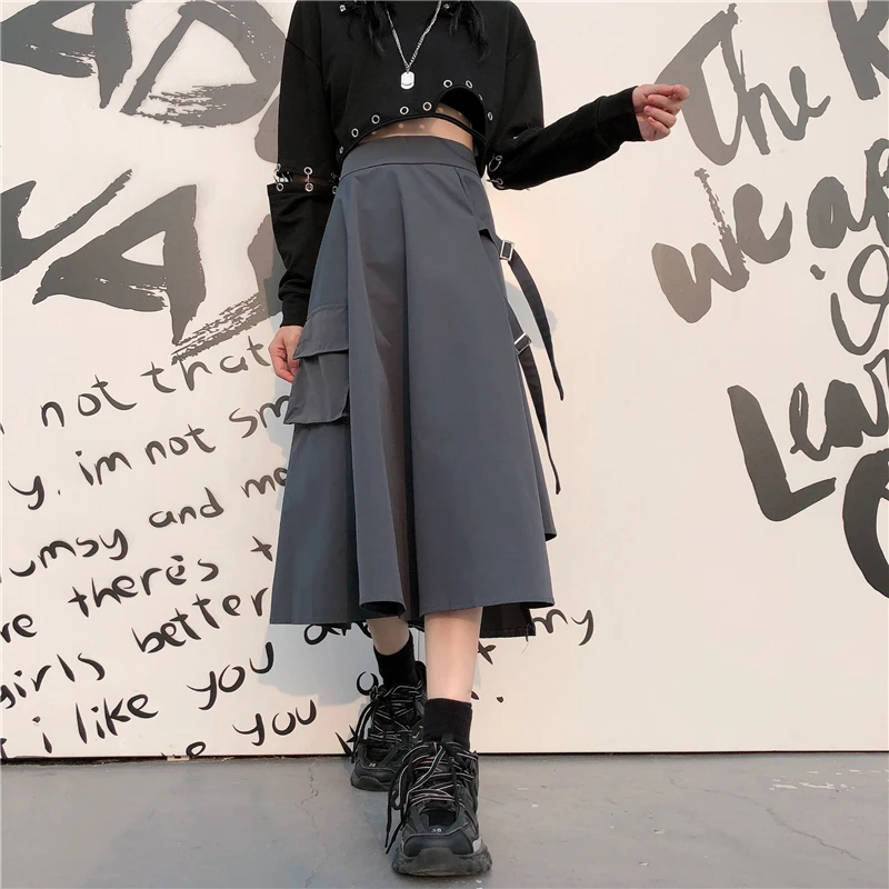 

High Waist Loose A-line Cargo Skirts Side Pocket Irregular Midi Long Black Skirt Korean Hip Hop Streetwear Harajuku OverSize