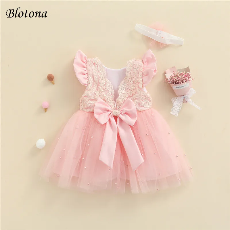 Blotona Baby Girl Party Wedding Bridesmaid Dress, Short Sleeve O-Neck Floral A-Line High Waist Lace Pearls Midi Dresses 0-3Years