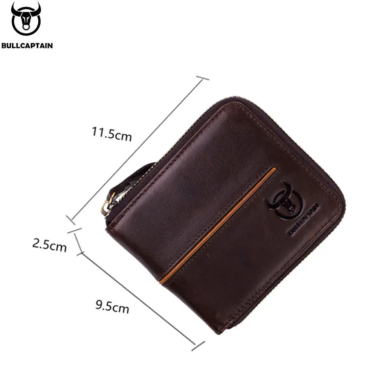 BULLCAPTAIN Genuine Leather Men\'s Wallet Vintage Zipper with Partition Clip RFID Credit Card Holder Burglar Leather Mini Wallet