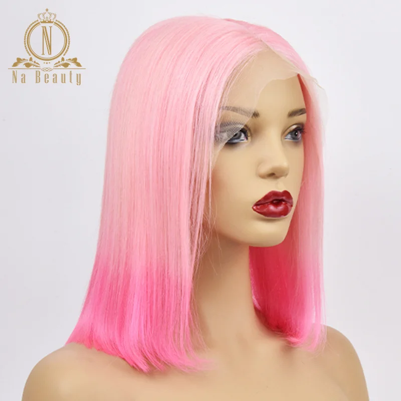 

13x6 Lace Front Human Hair Wigs Pink Ombre 613 Colored Human Hair Wig Transparent Lace Pre Plucked Short Bob 150% Remy Na Beauty