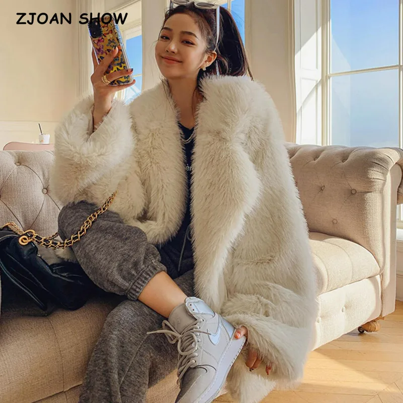 HIGH QUALITY Winter Large Lapel Fur Coat Long sleeve Loose Warm Shaggy Faux Fur Jacket Loose Coat White Khaki