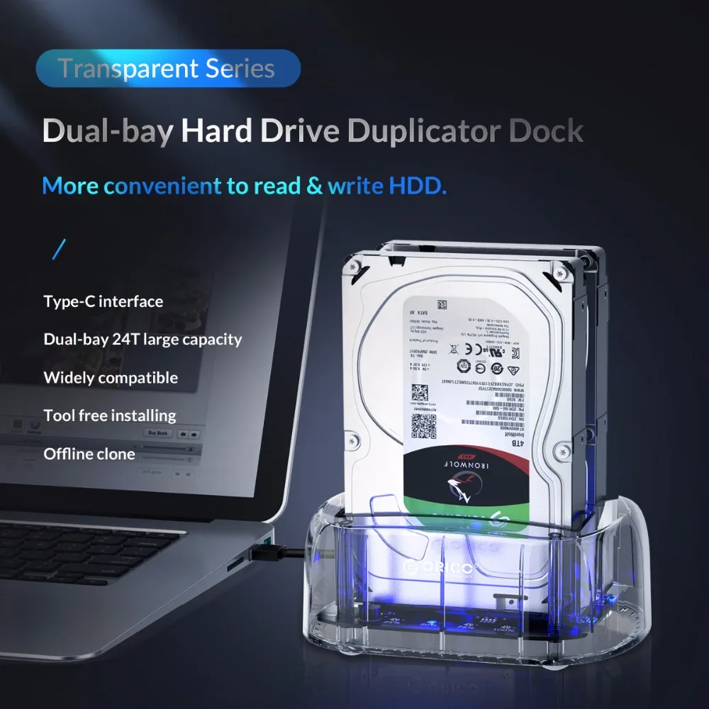 ORICO Dual Bay 2.5/3.5 Inch HDD Case SATA External Hard Drive Enclosure with Offline Clone USB3.1 Type-C HDD Docking Station