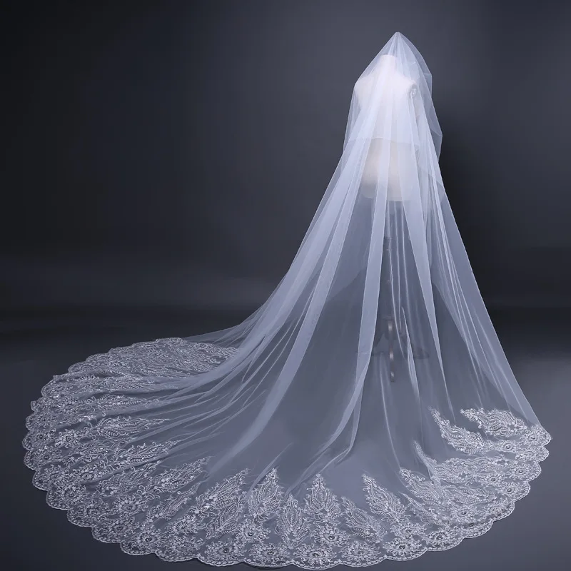 JaneVini 2020 Luxus 3,8 M Lange Elfenbein/Weiß Zwei Schicht Hochzeit Schleier Spitze Appliques Rand Perlen Weiche Tulle Braut haar Zubehör