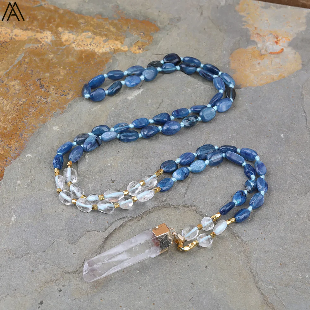 Natürliche Blau Apatit Nugget Chip Perlen Handmade Knot Halskette Frauen Weiß Quarz Punkt Perlen Yoga Halskette Lange 32 Zoll – Detail 7