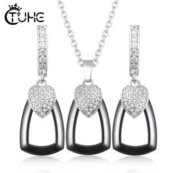 Heart Cubic Zirconia Geometric Pendant Necklace and Earring Jewelry Set for Women in Heatlhy Ceramic Jewelry sets Wedding Gift