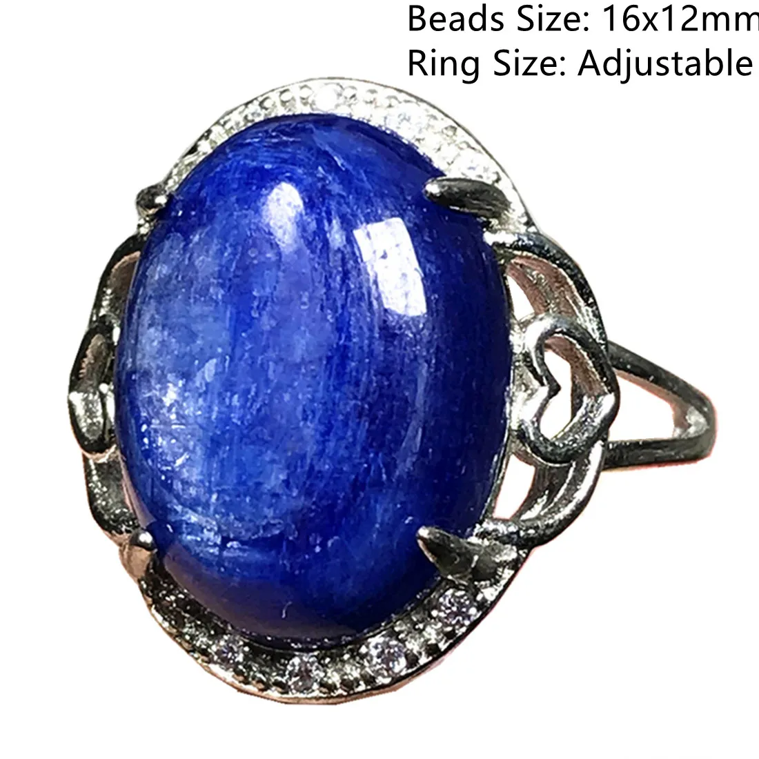 Natural Blue Kyanite Stone Ring Jewelry For Women Lady Men Reiki Gift Cat Eye Crystal 16x12mm Beads Silver Adjustable Ring AAAAA