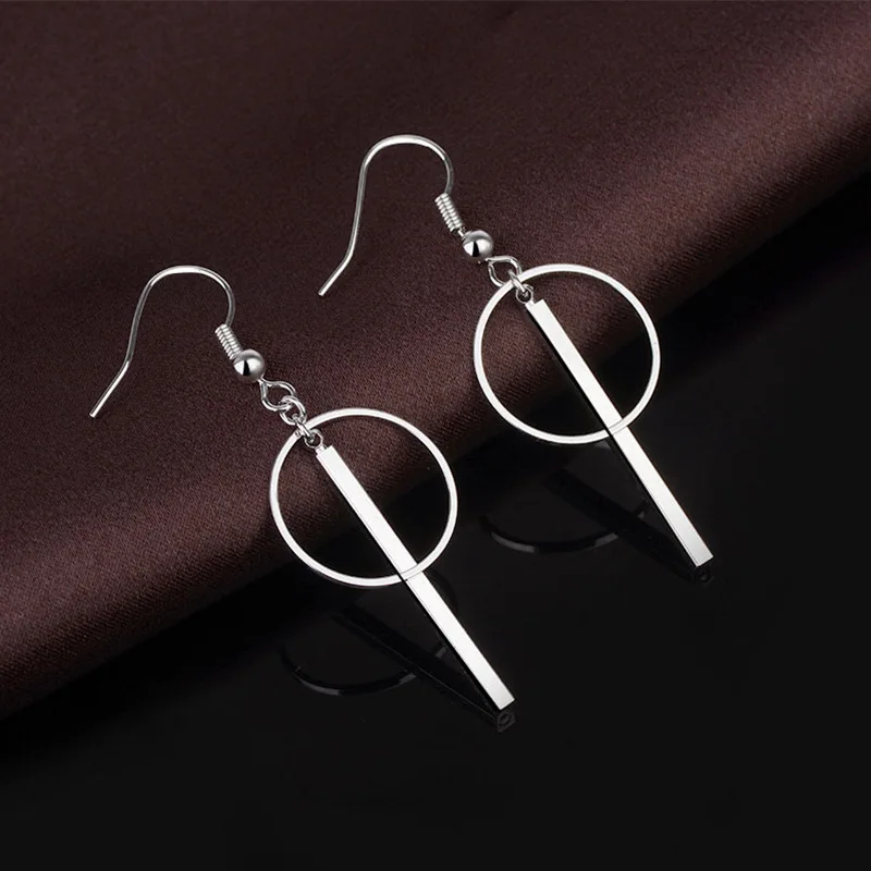 Fashionable Round One Line Pendant Earrings Silver Plated Anti Allergy Women Earrings Personality Girl Hip Hop Party Jewelry