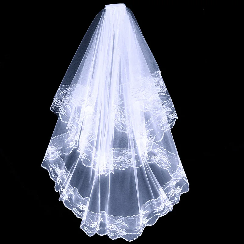 Lace Edge Tulle Véu de casamento curto com pente, Cosplay Bridal Acessórios, branco, preto, 2 camadas, venda quente