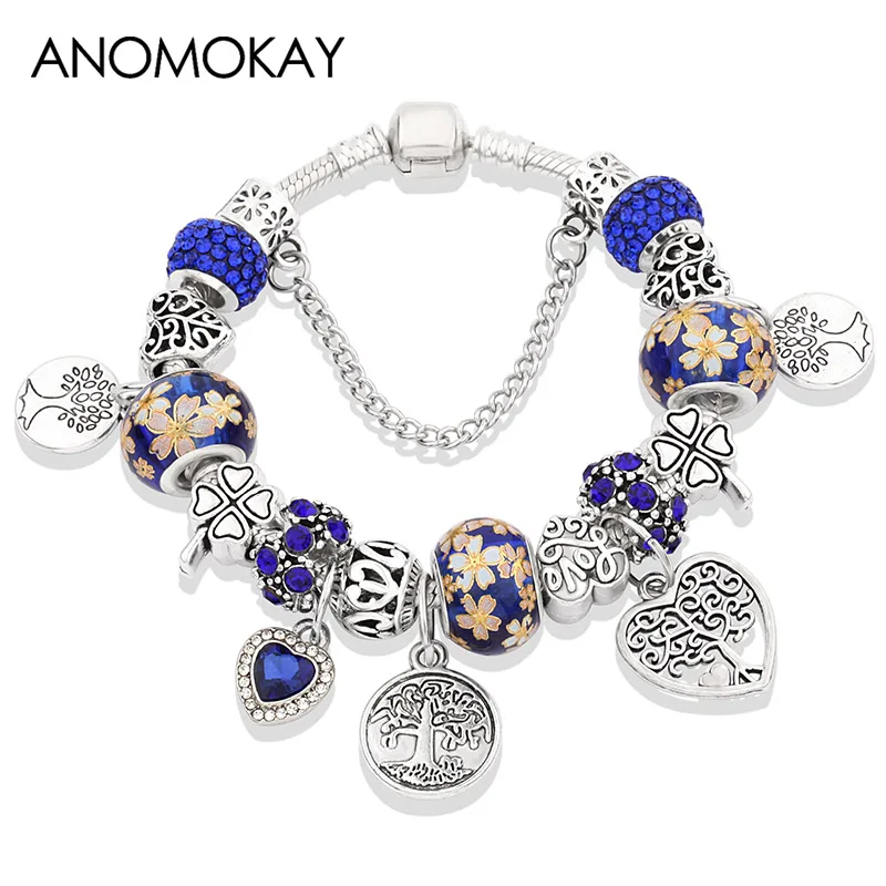 Leabyl Dropshipping Dark Blue Tree of Life DIY Charm Bracelet Silver Color Plant Heart Handmade Bead Bracelet Pulsera Hombre