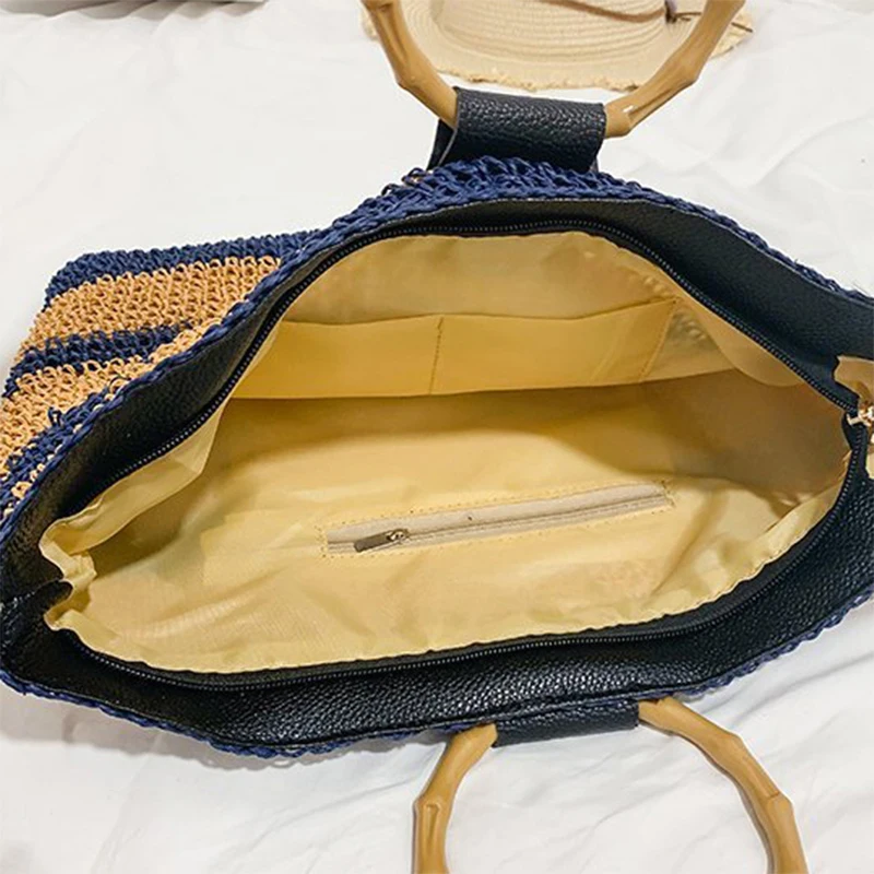 Borse di paglia a righe Casual manico in bambù borse da donna borsa a tracolla in vimini intrecciata borsa a tracolla in Rattan Summer Beach Large Tote 2021