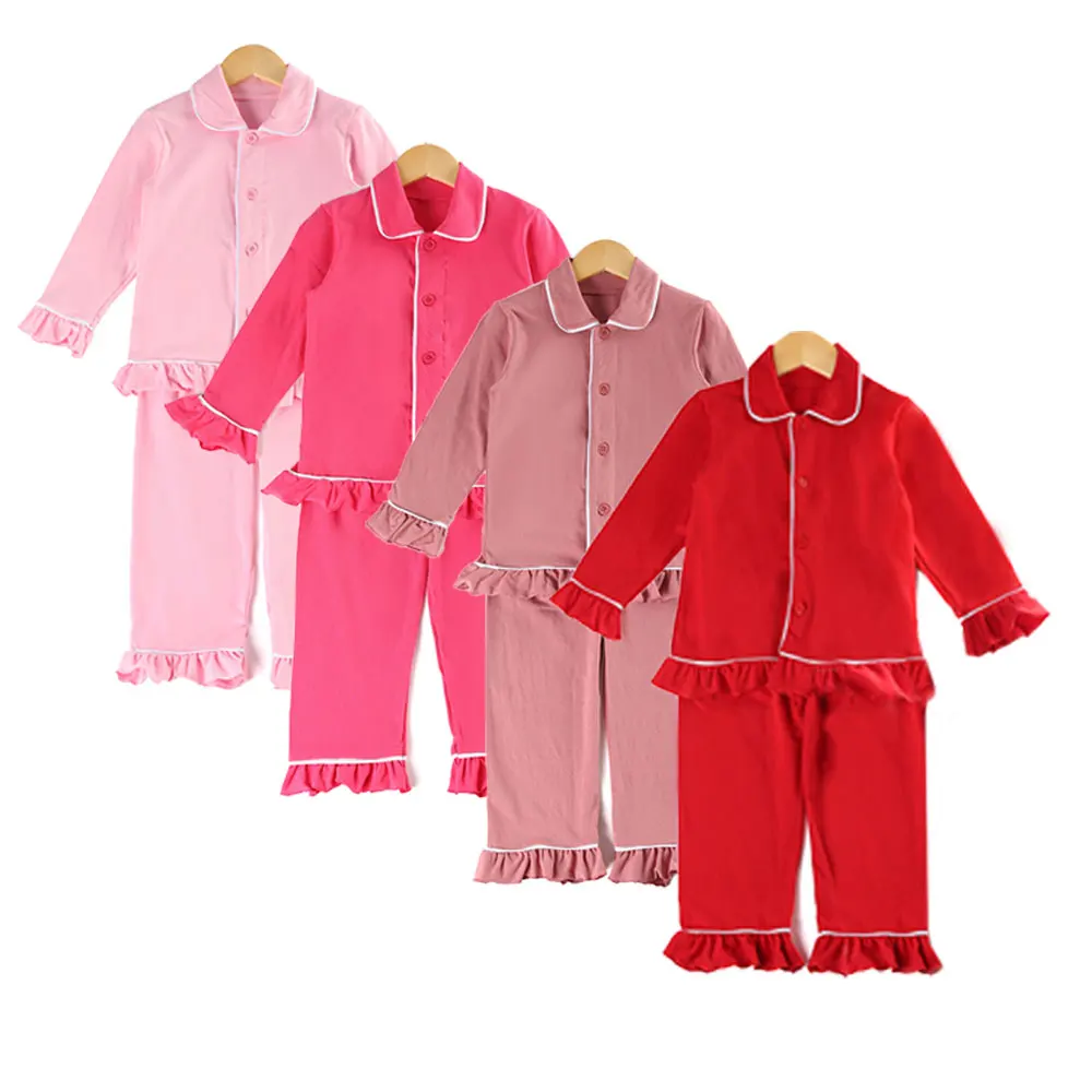 Winter Baby Clothes Christmas Long Sleeve Button Up Ruffle Pajamas Kids Matching Sleepwear Red Boys Girls Christmas Pyjamas Sets