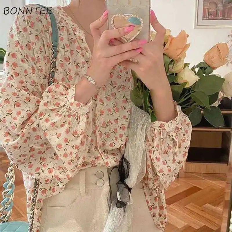 Blouses Women Autumn Floral Lantern Sleeve O-neck Button Leisure Sweet French Style Ulzzang Chic All-match Tops Loose Female Hot