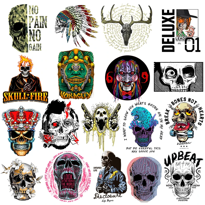 Punk Letter Skull Patches Iron On Clothing Heat Transfer Thermal Sticker DIY Washable T-Shirt Iron On Transfer Stripe On Clothes