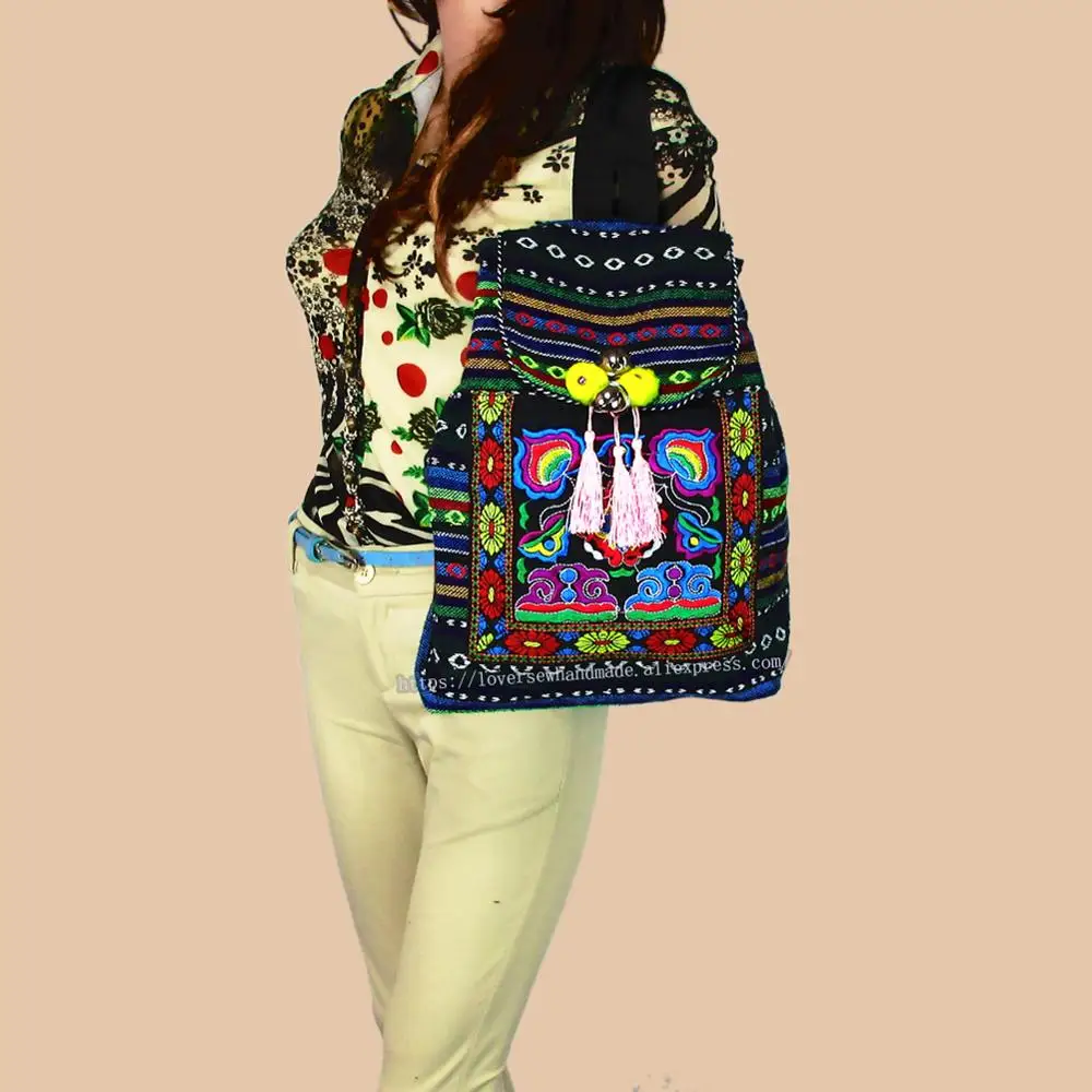 Tribal Vintage Hippie Colorful Travel Backpack Bag For Women Embroidery Pom Charm Hmong Ethnic Bohemian Boho Rucksack SYS-170E