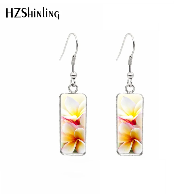 Hawaiian Plumeria art Paintings Tropical Flower Rectangular Hook Dangle Drop Earrings Glass Cabochon Crafts Jewelry