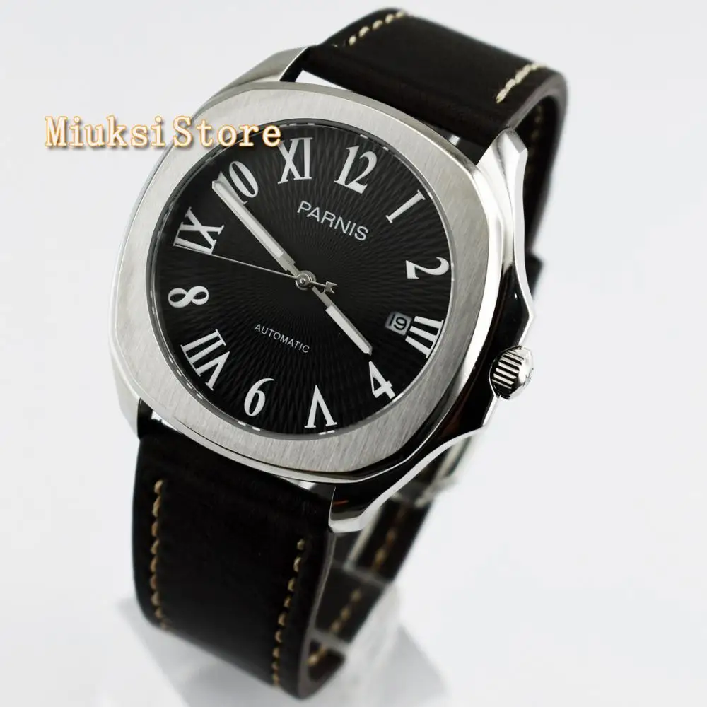 

Parnis 40mm mens luxury top mechanical watch silver case brushed bezel white dial miyota automatic waterproof watches