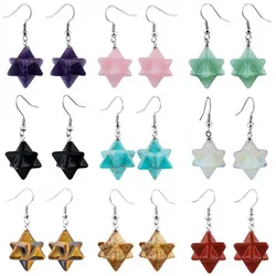 Crystal Merkaba Star Stone Earring For Women Natural Amethyst Rose Quartz Tiger Eye Hexagram Dangle Hook Stone Earrings Jewelry