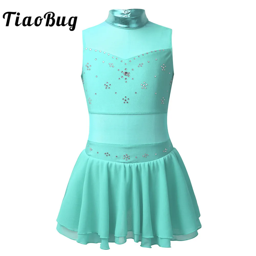 

TiaoBug Kids Sleeveless Metallic Tulle Splice Rhinestones Dancewear Gymnastics Leotard Girls Ballet Costume Figure Skating Dress