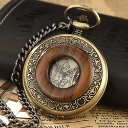 Confezione confezione in legno massello orologio da tasca meccanico Fob catena medaglione quadrante Hollow Steampunk scheletro uomo donna uomo orologio da uomo