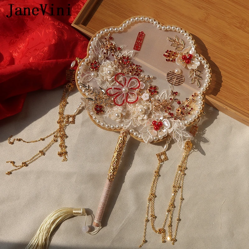 JaneVini Neue Luxus Gold Braut Bouquets Fan Künstliche Spitze Blumen Perlen Quasten Perlen Chinesische Metall Fan Hochzeit Zubehör