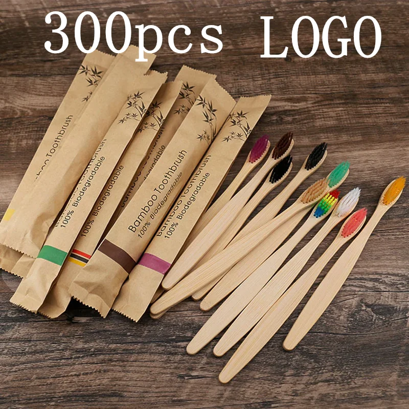 Brosses à dents en bambou avec logo de gravure au laser personnalisé, cuillère à soupe portable, amicale, brosse à dents en bois pour adultes et enfants, 300 pièces