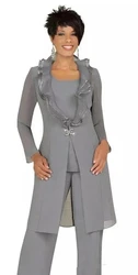 Gray Mother Of The Bride Dresses Sheath Chiffon With Jacket Pants Suit Long Groom Mother Dresses For Weddings Customized
