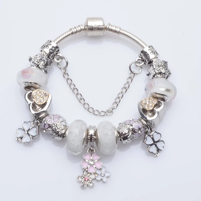 Cherry Blossoms Pendant Charm Bracelets With White Love Heart & Crystal Beads Brand Bracelets Bangles For Women Fashion Jewelry