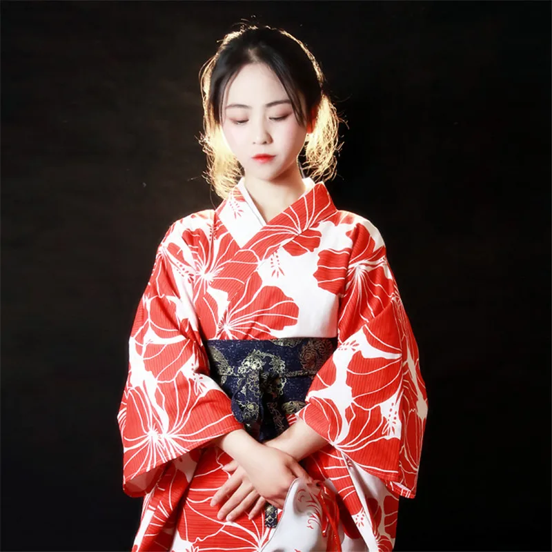 

Japanese Traditional Kimono Women Harajuku Yukata Red Flower Kimono Cardigan Retro Geisha Stage Performance Clothing